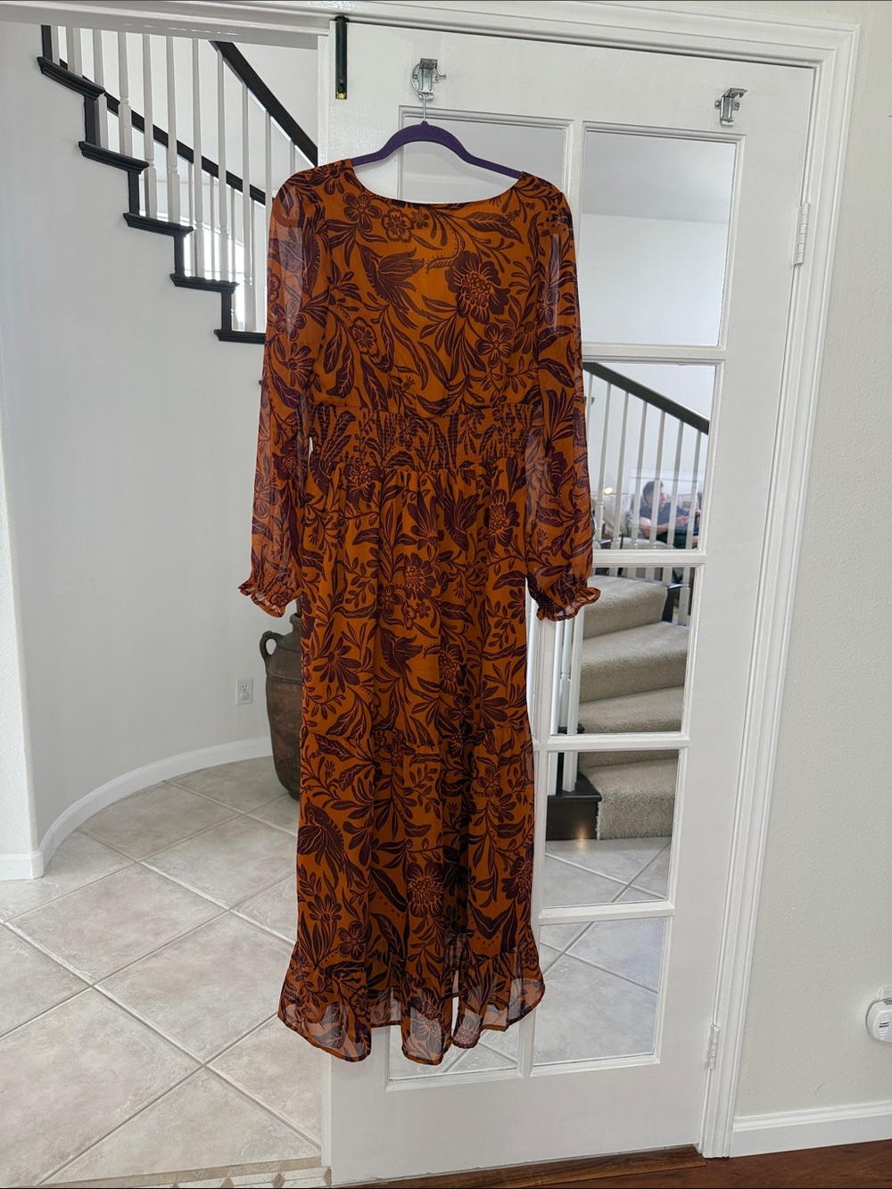 Patrons of Peace Size Large Rust Floral Long-Sleeve Midi Dress - Picture 4 of 4